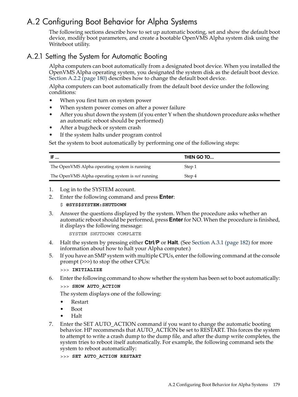 A.2 configuring boot behavior for alpha systems, A.2.1 setting the system for automatic booting | HP BA322 90087 User Manual | Page 179 / 346