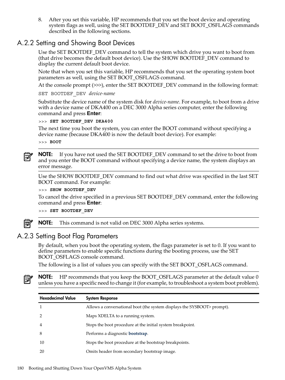 A.2.2 setting and showing boot devices, A.2.3 setting boot flag parameters | HP BA322 90087 User Manual | Page 180 / 346