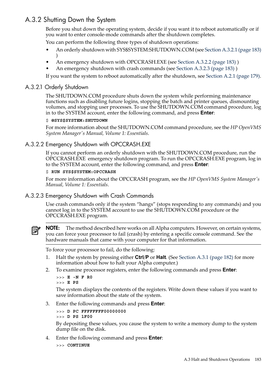 A.3.2 shutting down the system, A.3.2.1 orderly shutdown, A.3.2.2 emergency shutdown with opccrash.exe | A.3.2.3 emergency shutdown with crash commands | HP BA322 90087 User Manual | Page 183 / 346