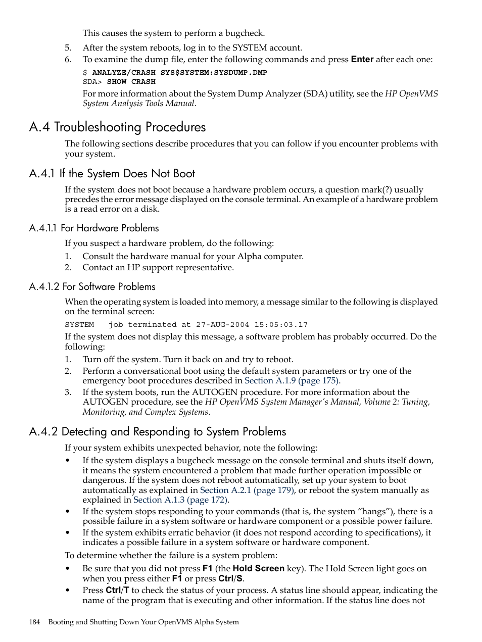 A.4 troubleshooting procedures, A.4.1 if the system does not boot, A.4.1.1 for hardware problems | A.4.1.2 for software problems, A.4.2 detecting and responding to system problems | HP BA322 90087 User Manual | Page 184 / 346