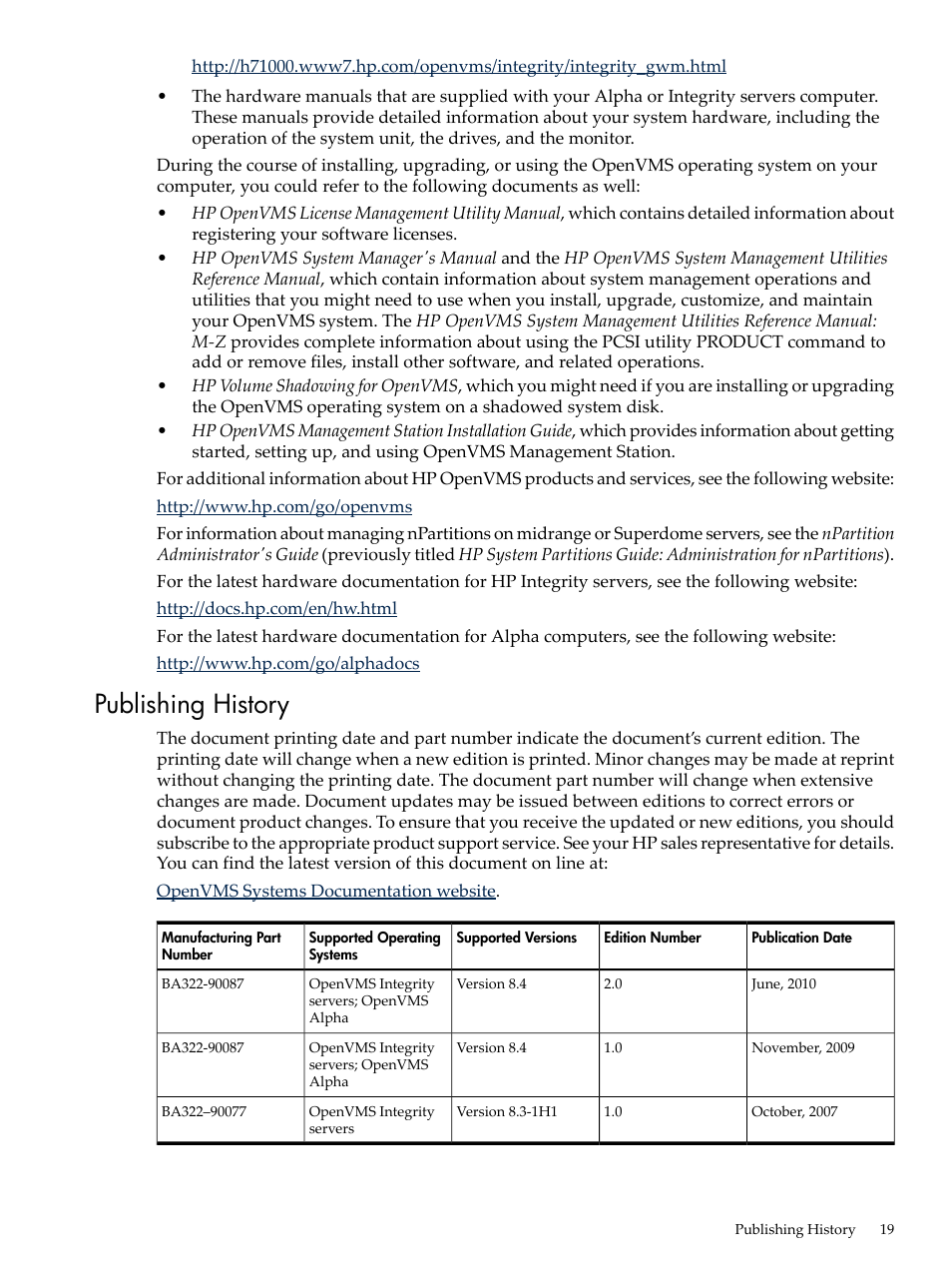 Publishing history | HP BA322 90087 User Manual | Page 19 / 346