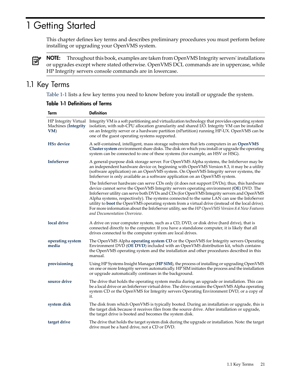 1 getting started, 1 key terms, Definitions of terms | HP BA322 90087 User Manual | Page 21 / 346