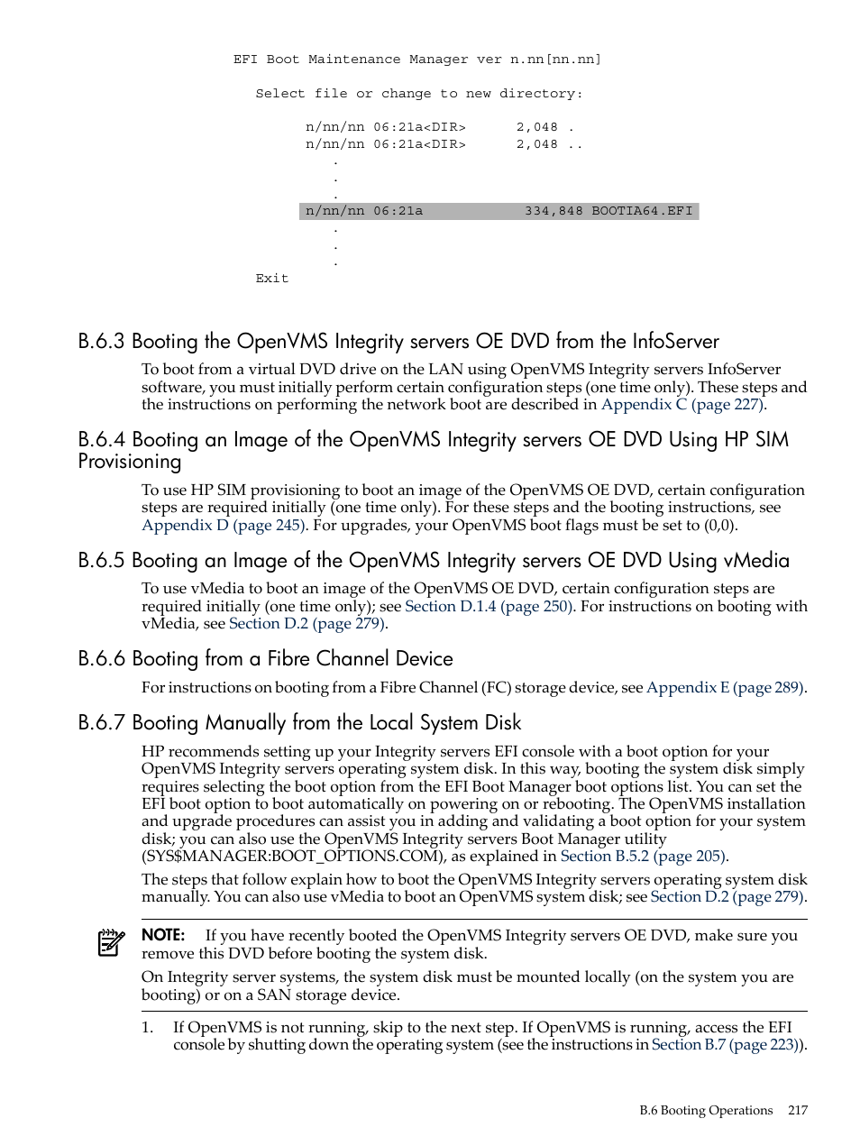 B.6.6 booting from a fibre channel device, B.6.7 booting manually from the local system disk | HP BA322 90087 User Manual | Page 217 / 346