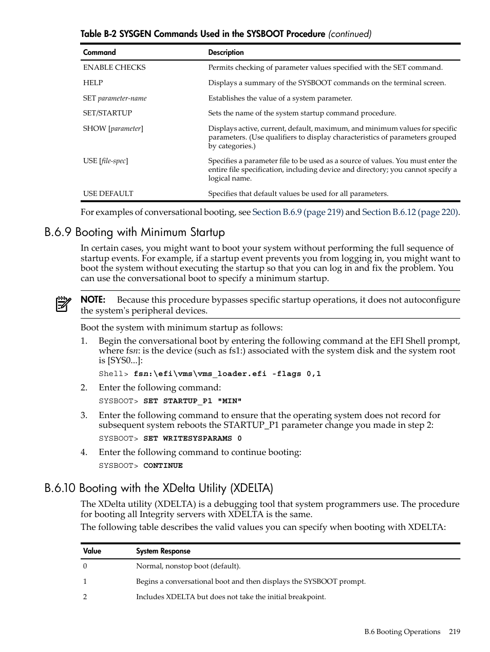 B.6.9 booting with minimum startup, B.6.10 booting with the xdelta utility (xdelta) | HP BA322 90087 User Manual | Page 219 / 346