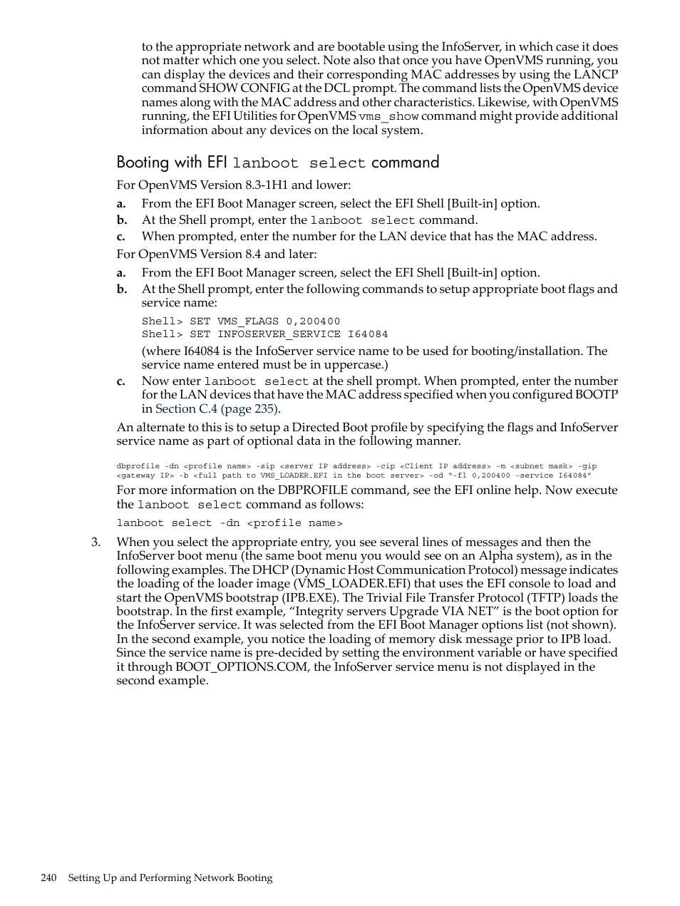 Booting with efi lanboot select command | HP BA322 90087 User Manual | Page 240 / 346