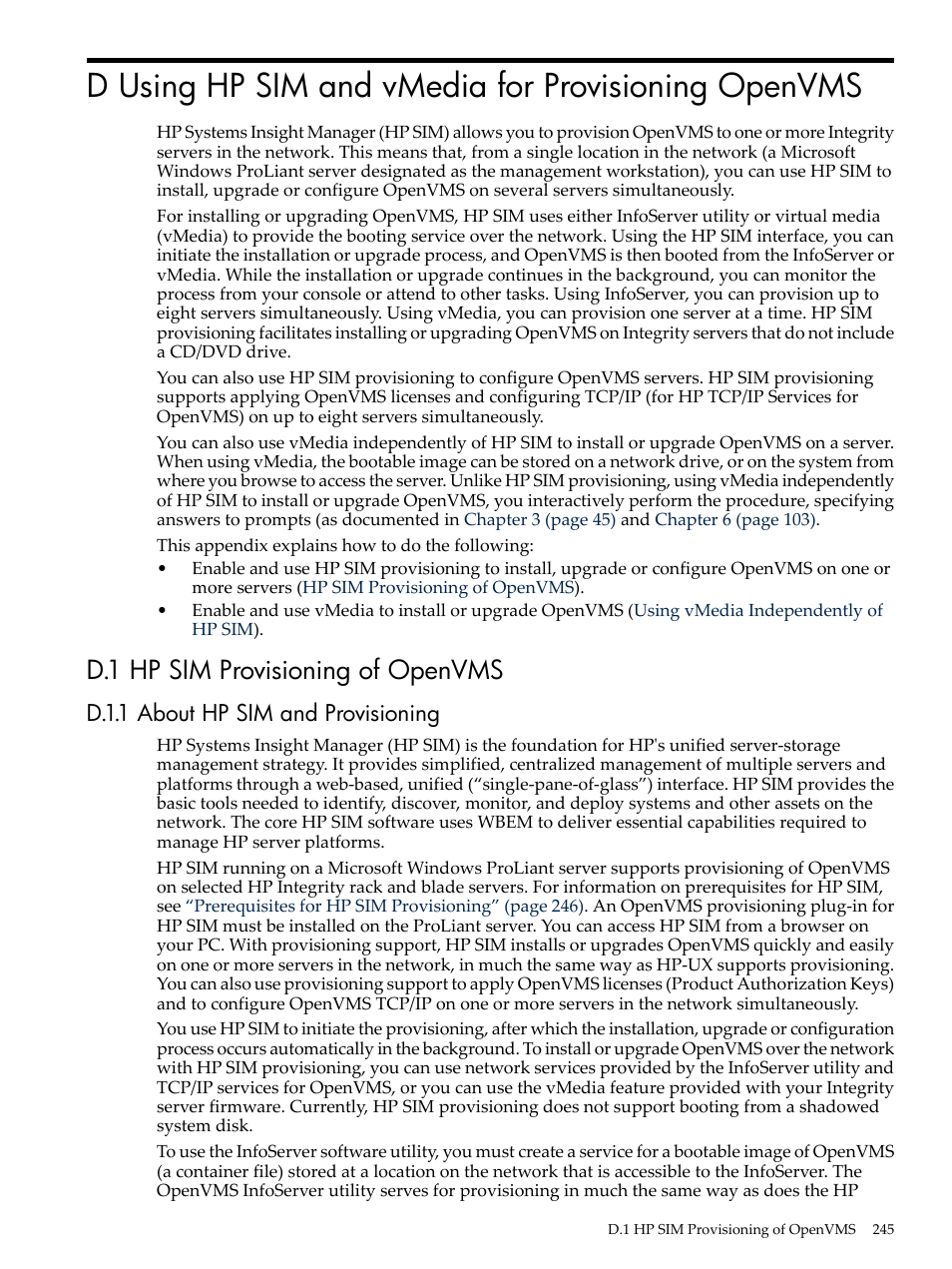D using hp sim and vmedia for provisioning openvms, D.1 hp sim provisioning of openvms, D.1.1 about hp sim and provisioning | HP BA322 90087 User Manual | Page 245 / 346