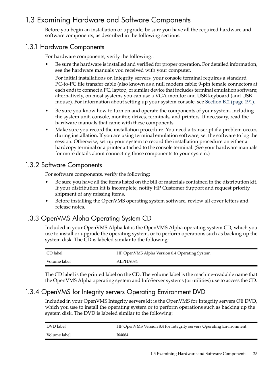 3 examining hardware and software components, 1 hardware components, 2 software components | 3 openvms alpha operating system cd | HP BA322 90087 User Manual | Page 25 / 346
