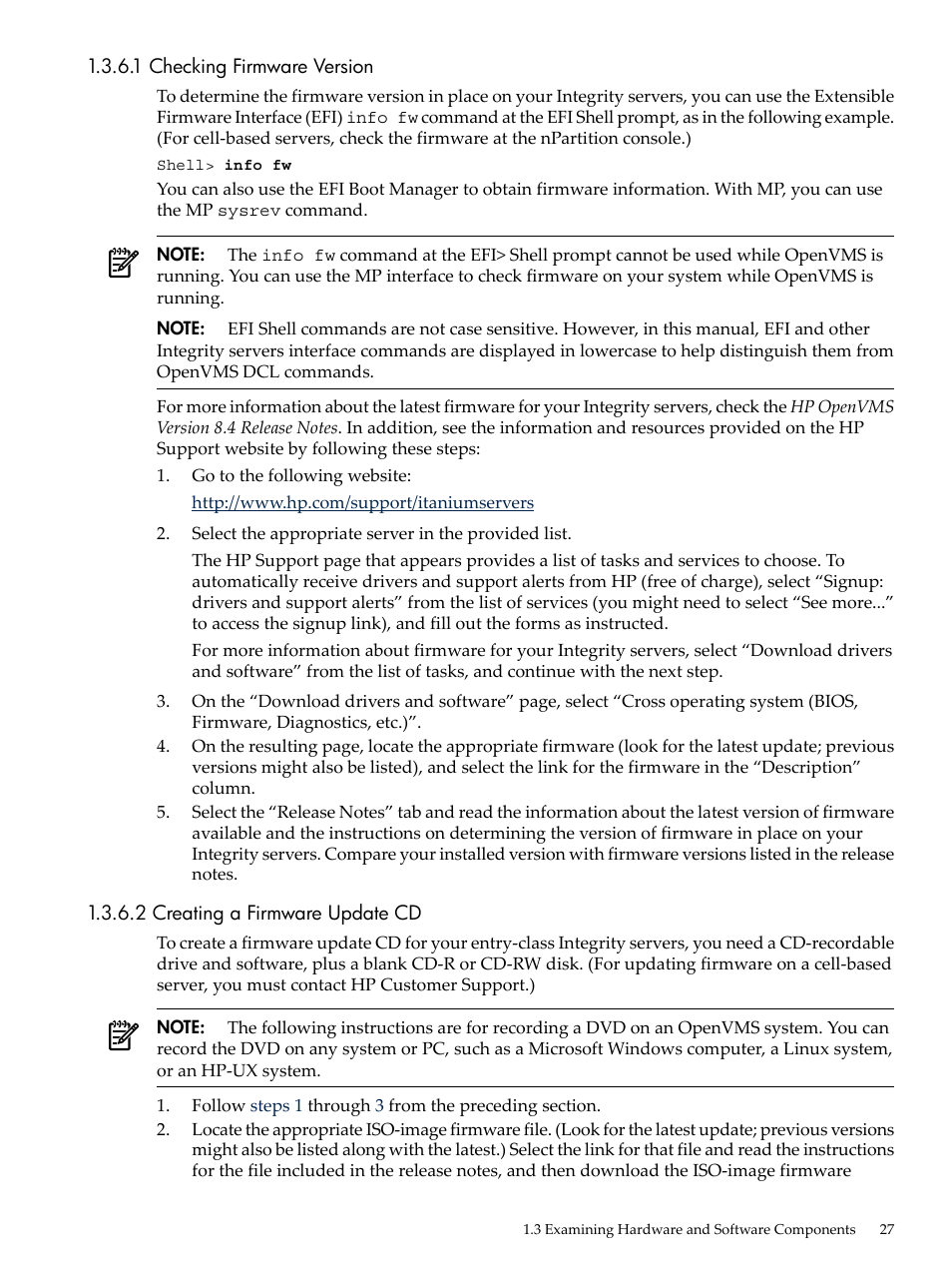 1 checking firmware version, 2 creating a firmware update cd, Section 1.3.6.1 | HP BA322 90087 User Manual | Page 27 / 346