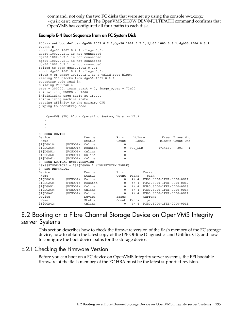 E.2.1 checking the firmware version, Boot sequence from an fc system disk | HP BA322 90087 User Manual | Page 295 / 346