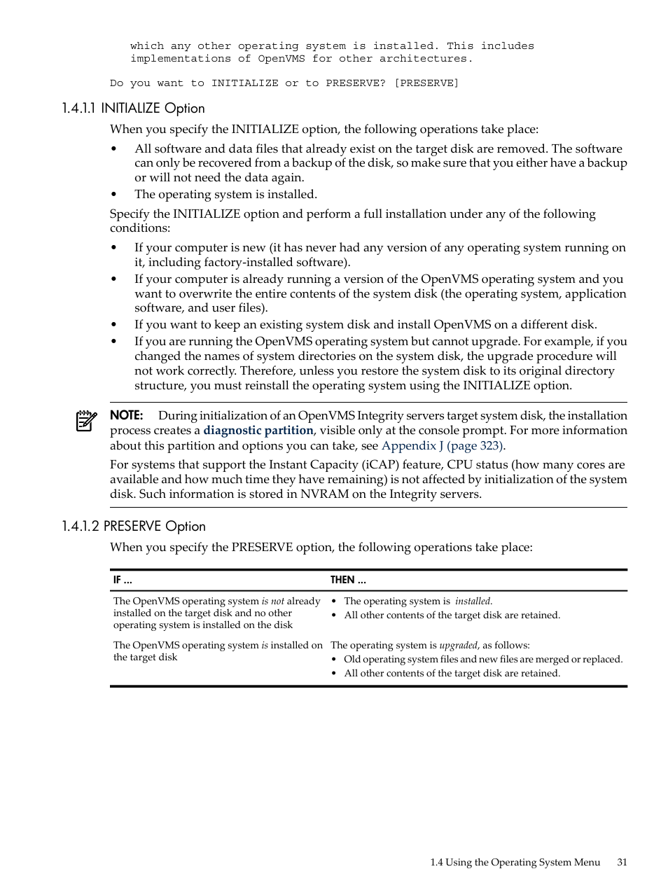 1 initialize option, 2 preserve option, 1 initialize option 1.4.1.2 preserve option | HP BA322 90087 User Manual | Page 31 / 346