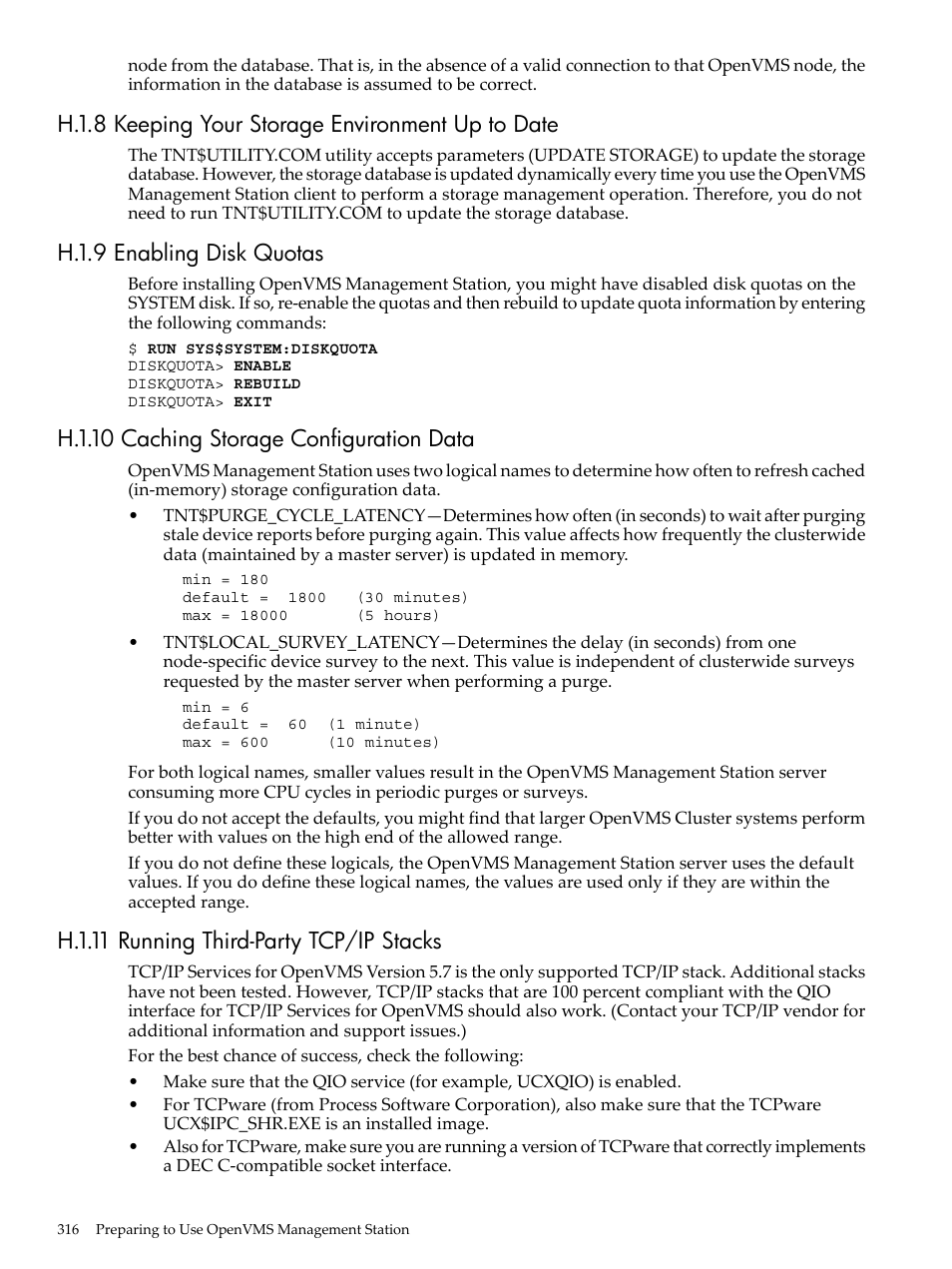 H.1.8 keeping your storage environment up to date, H.1.9 enabling disk quotas, H.1.10 caching storage configuration data | H.1.11 running third-party tcp/ip stacks | HP BA322 90087 User Manual | Page 316 / 346