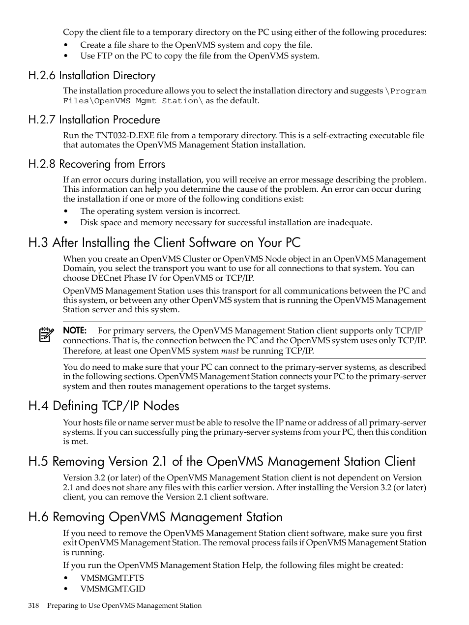 H.2.6 installation directory, H.2.7 installation procedure, H.2.8 recovering from errors | H.4 defining tcp/ip nodes, H.6 removing openvms management station | HP BA322 90087 User Manual | Page 318 / 346