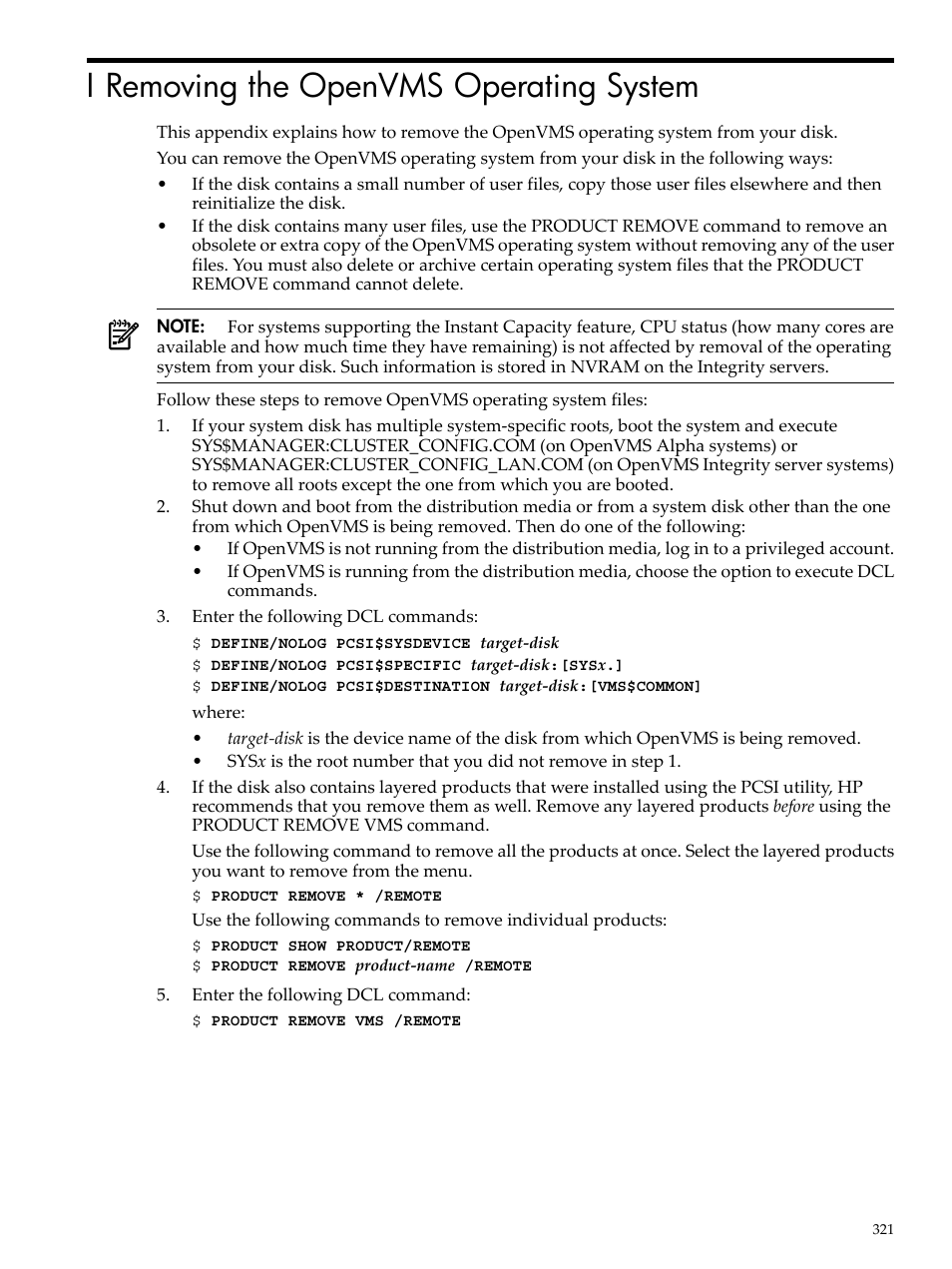 I removing the openvms operating system | HP BA322 90087 User Manual | Page 321 / 346