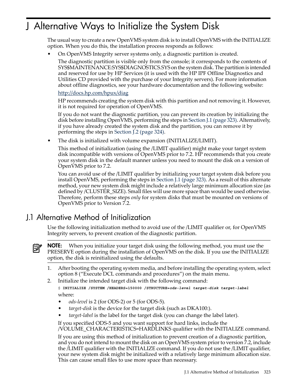 J alternative ways to initialize the system disk, J.1 alternative method of initialization | HP BA322 90087 User Manual | Page 323 / 346