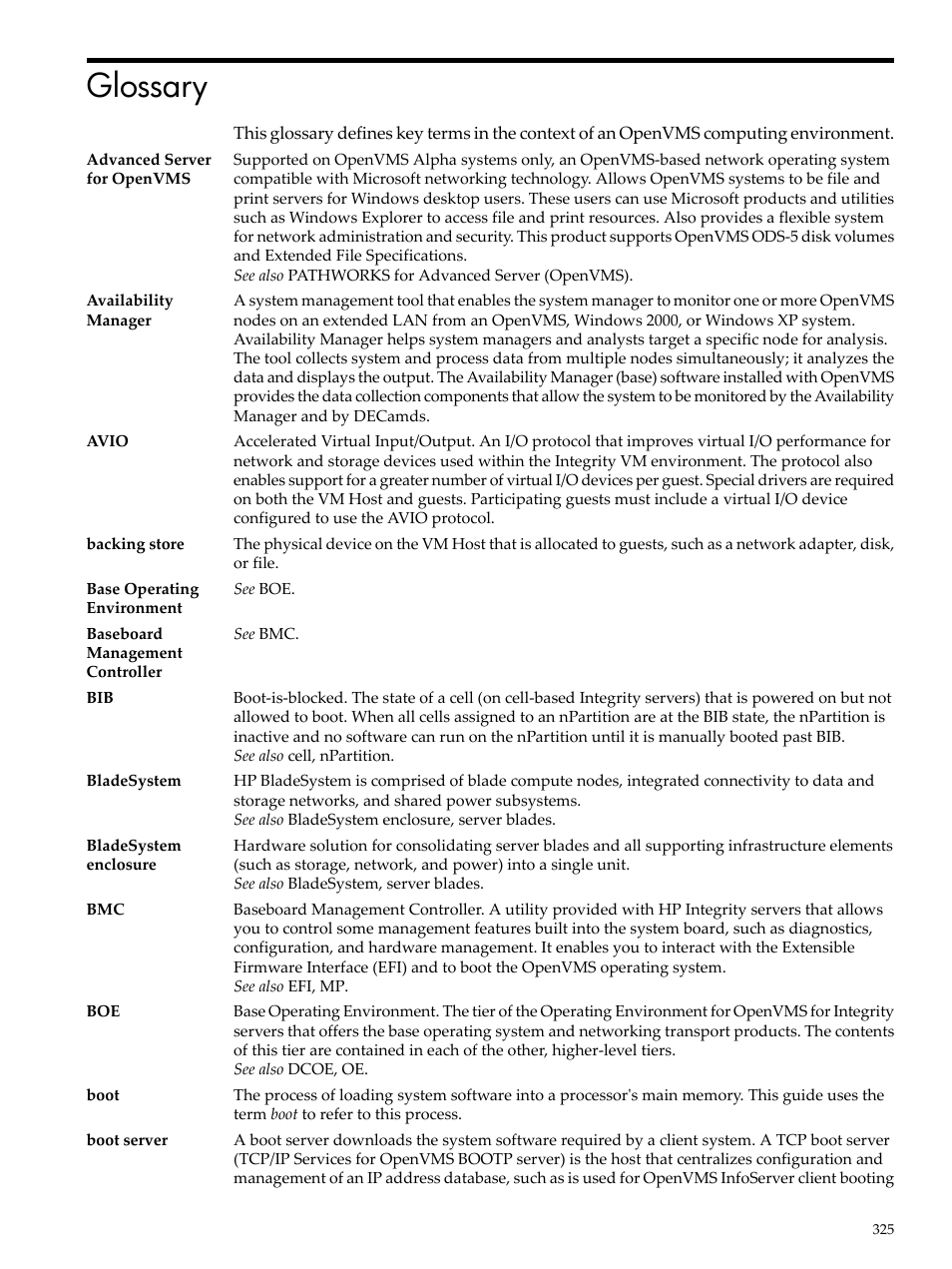 Glossary, Boot, Bladesystem | Availability manager | HP BA322 90087 User Manual | Page 325 / 346