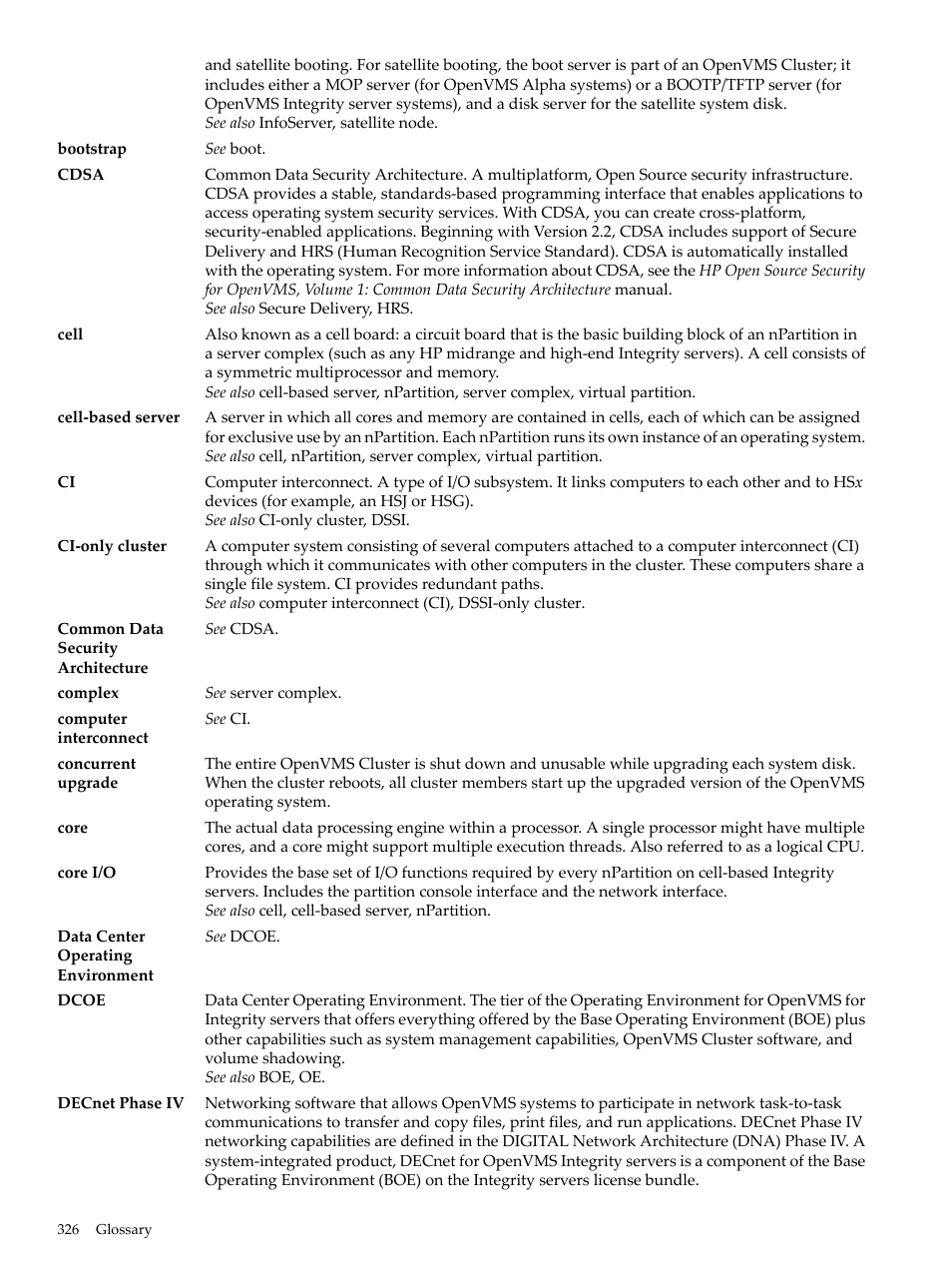 Cell-based server, Cores, Cell | Complex, Decnet phase iv, Ci-only cluster | HP BA322 90087 User Manual | Page 326 / 346