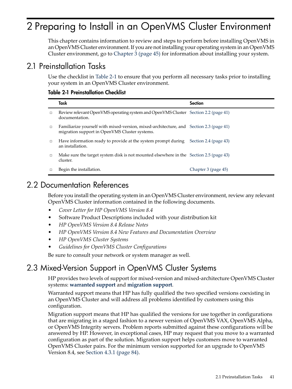 1 preinstallation tasks, 2 documentation references, 3 mixed-version support in openvms cluster systems | Preinstallation checklist | HP BA322 90087 User Manual | Page 41 / 346