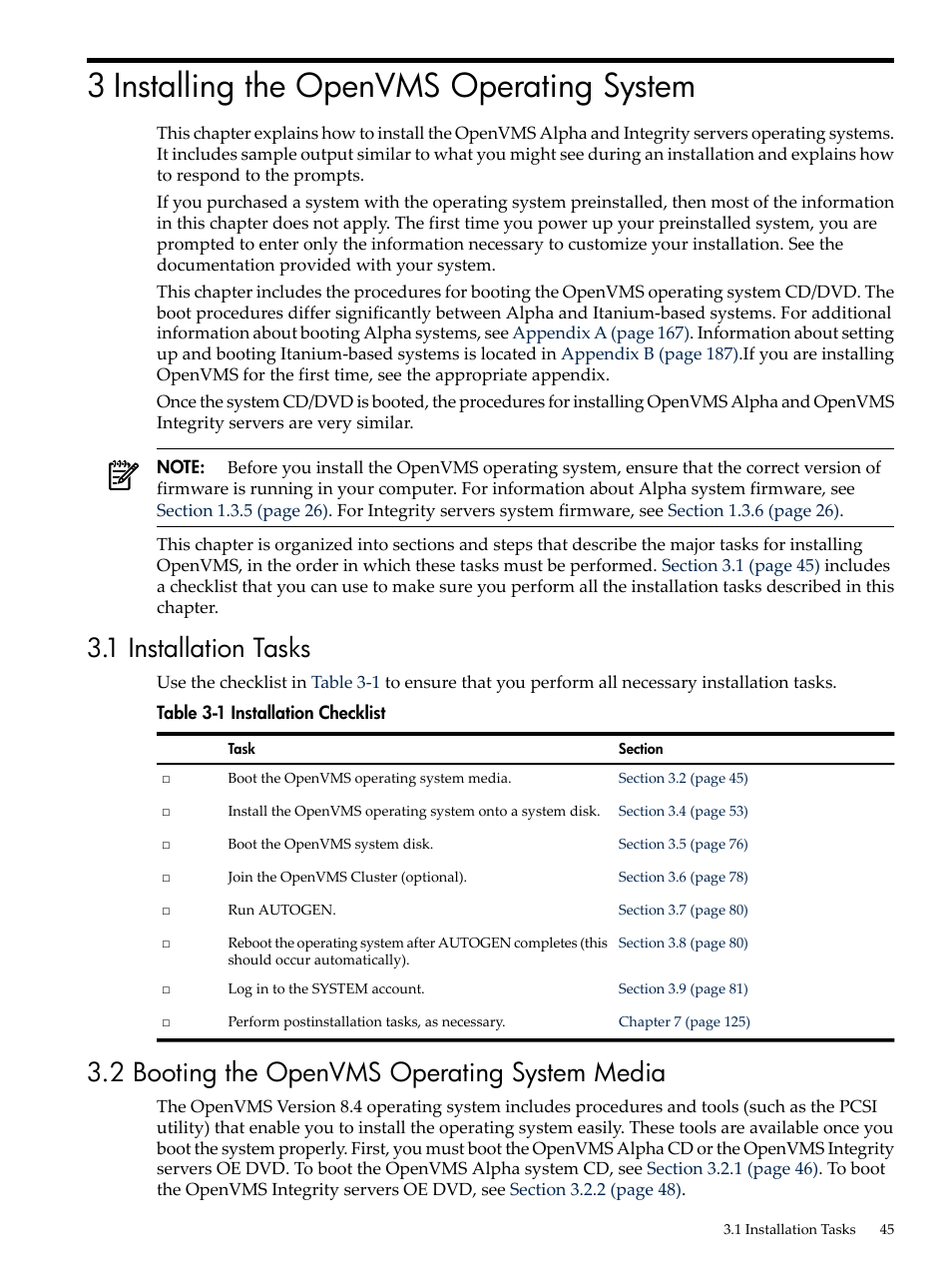 3 installing the openvms operating system, 1 installation tasks, 2 booting the openvms operating system media | Installation checklist, Chapter 3 | HP BA322 90087 User Manual | Page 45 / 346