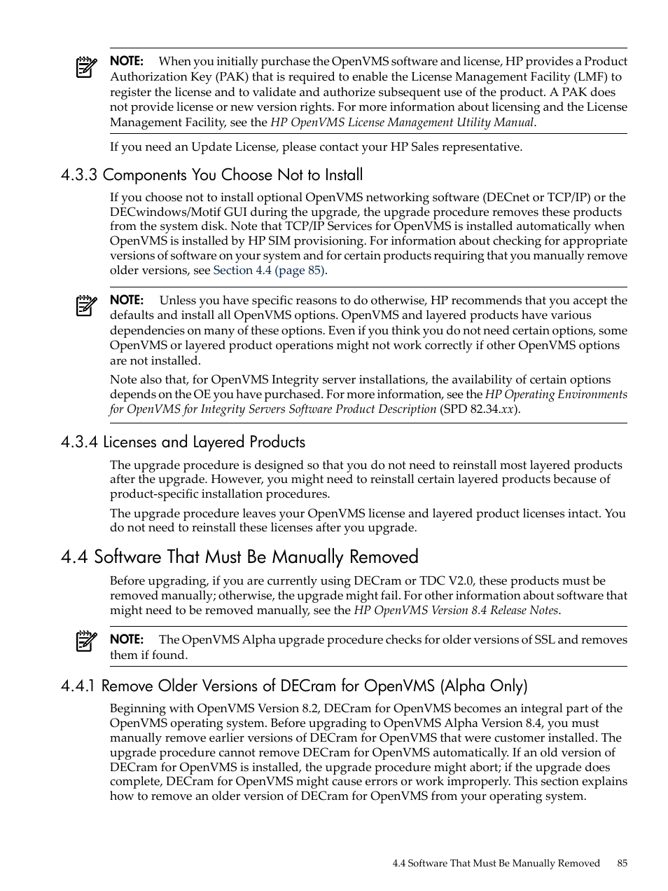 3 components you choose not to install, 4 licenses and layered products, 4 software that must be manually removed | HP BA322 90087 User Manual | Page 85 / 346