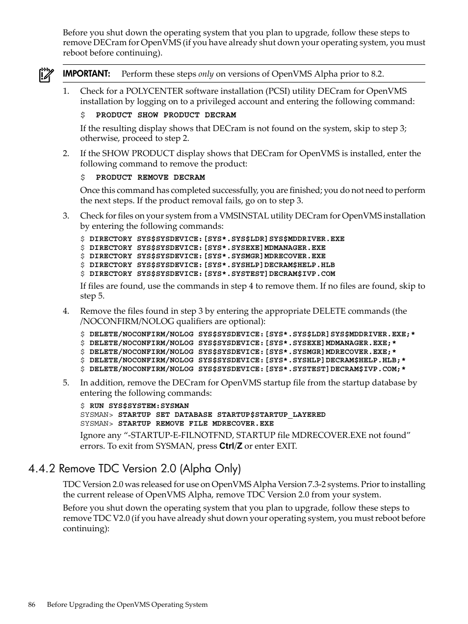 2 remove tdc version 2.0 (alpha only) | HP BA322 90087 User Manual | Page 86 / 346