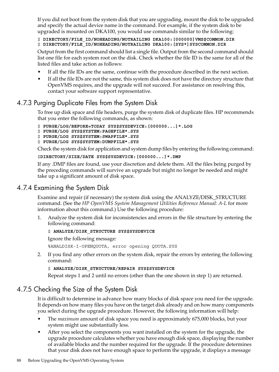 3 purging duplicate files from the system disk, 4 examining the system disk, 5 checking the size of the system disk | HP BA322 90087 User Manual | Page 88 / 346