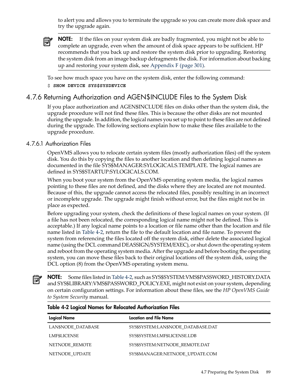 1 authorization files, Logical names for relocated authorization files | HP BA322 90087 User Manual | Page 89 / 346