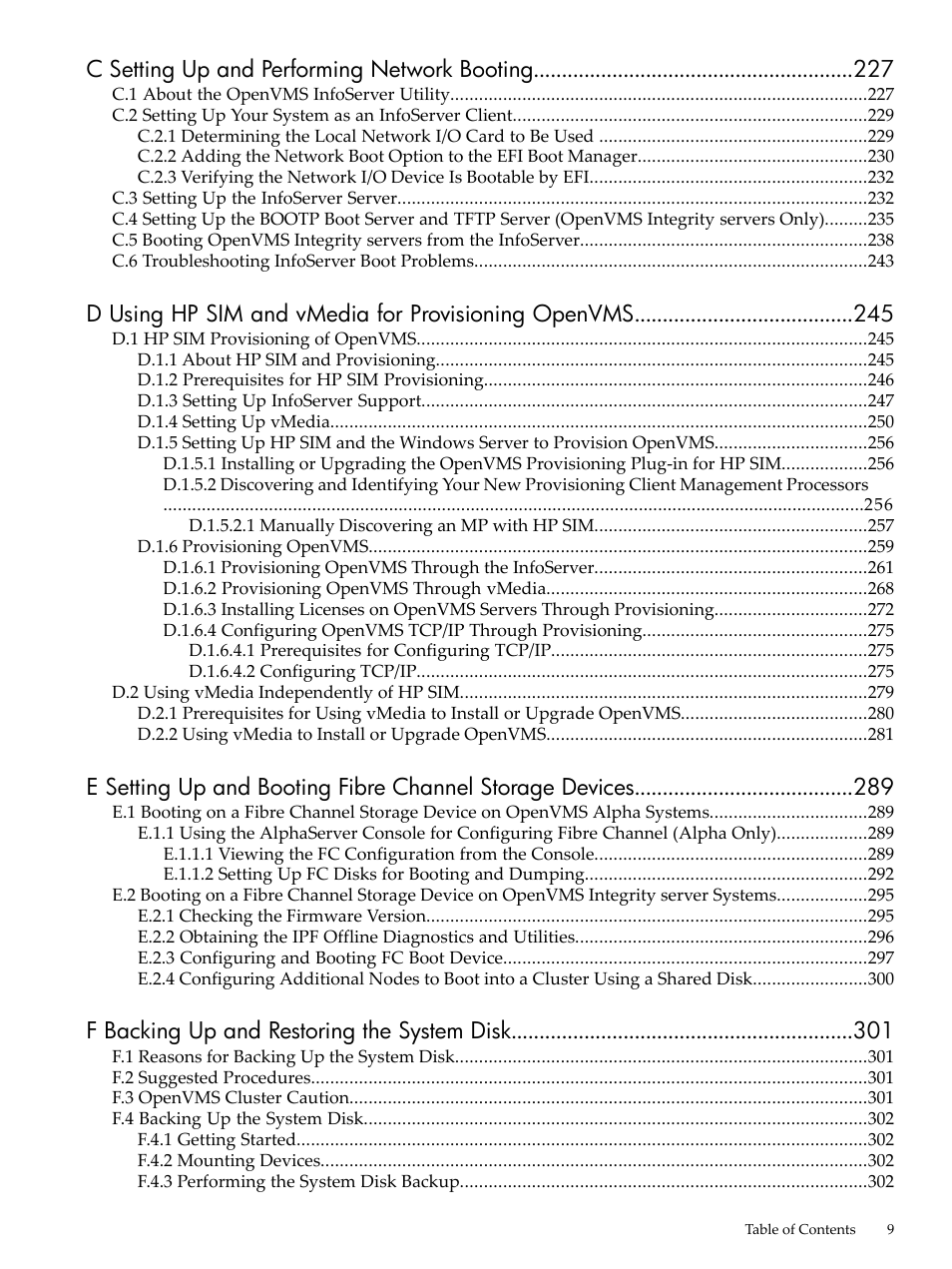 C setting up and performing network booting, D using hp sim and vmedia for provisioning openvms, F backing up and restoring the system disk | HP BA322 90087 User Manual | Page 9 / 346