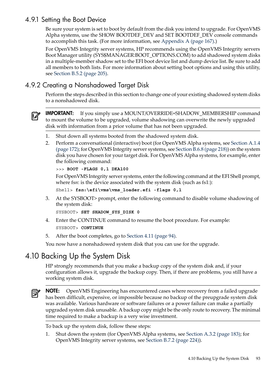 1 setting the boot device, 2 creating a nonshadowed target disk, 10 backing up the system disk | HP BA322 90087 User Manual | Page 93 / 346