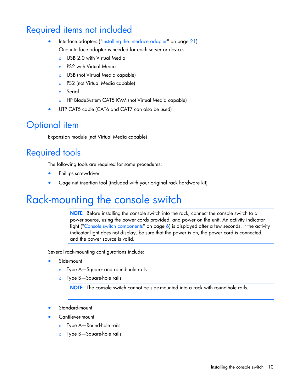 Required items not included, Optional item, Required tools | Rack-mounting the console switch | HP 409054-003 User Manual | Page 10 / 105