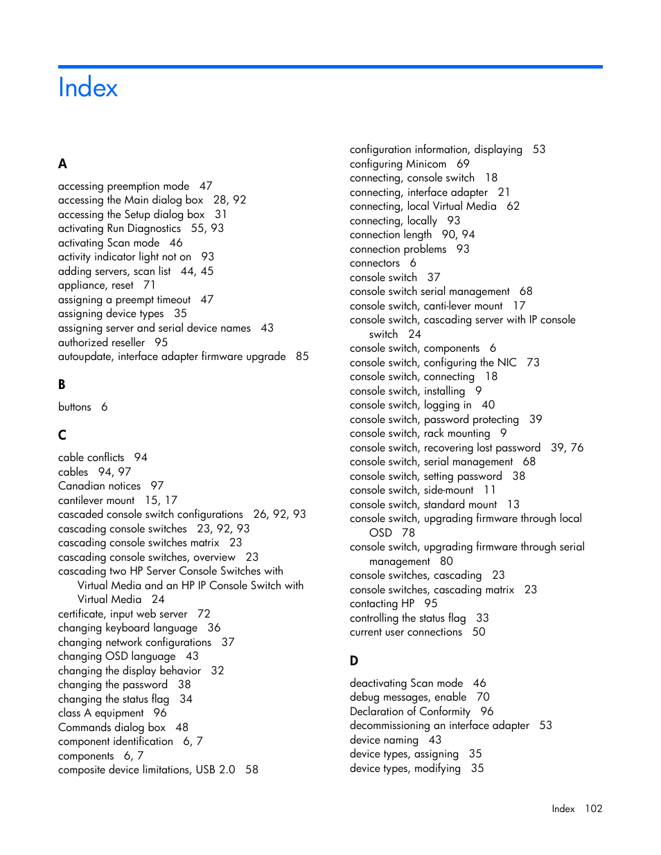 Index | HP 409054-003 User Manual | Page 102 / 105