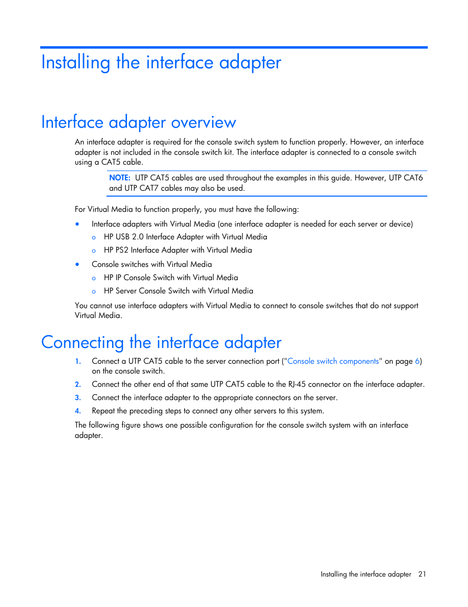 Installing the interface adapter, Interface adapter overview, Connecting the interface adapter | E adapters | HP 409054-003 User Manual | Page 21 / 105