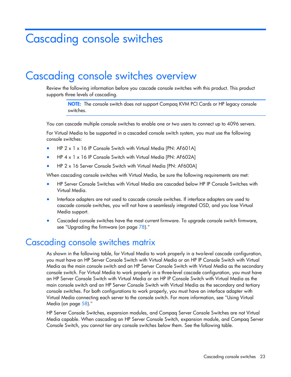 Cascading console switches, Cascading console switches overview, Cascading console switches matrix | HP 409054-003 User Manual | Page 23 / 105