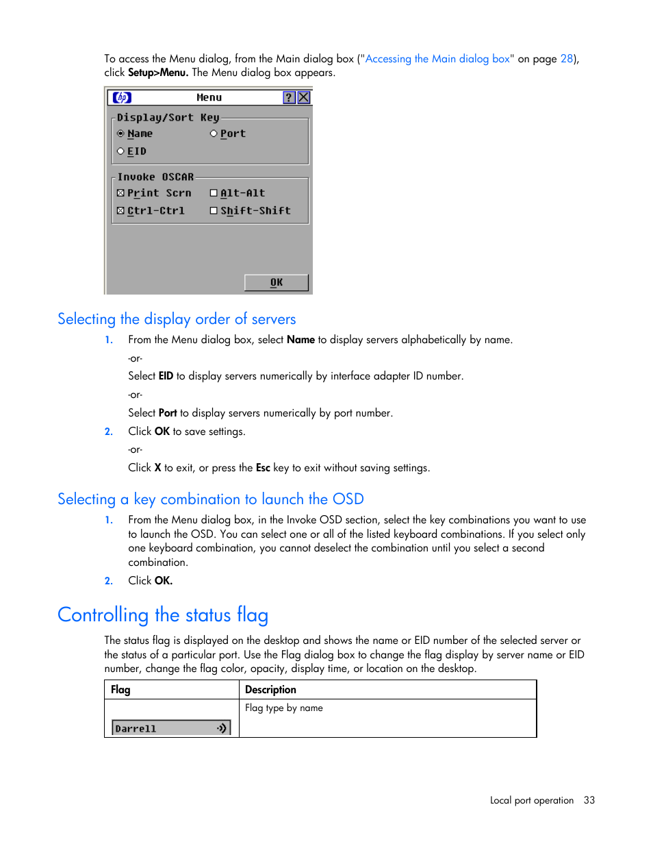 Selecting the display order of servers, Selecting a key combination to launch the osd, Controlling the status flag | Controlling the, Status flag, On the osd ap | HP 409054-003 User Manual | Page 33 / 105