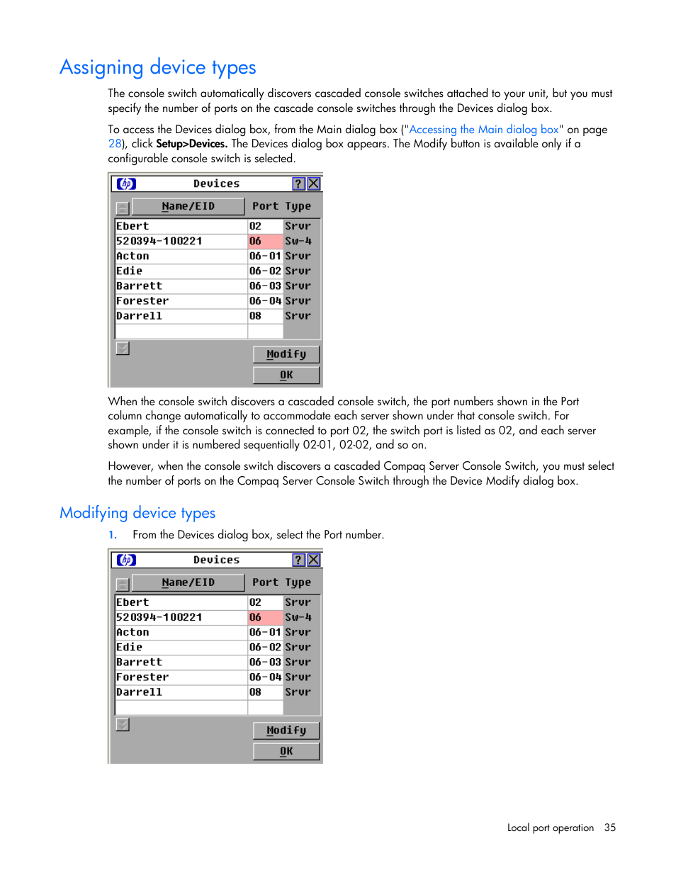 Assigning device types, Modifying device types | HP 409054-003 User Manual | Page 35 / 105