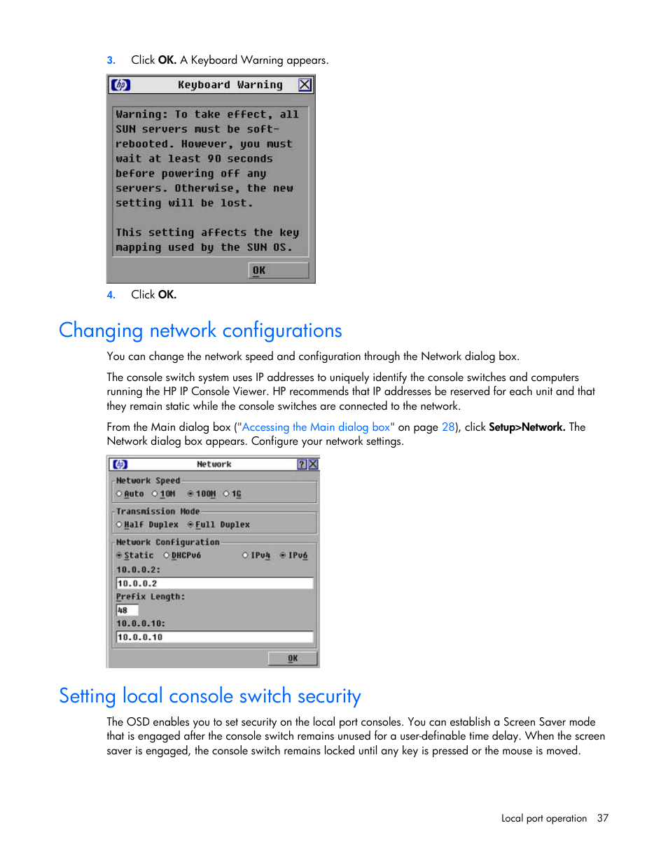 Changing network configurations, Setting local console switch security | HP 409054-003 User Manual | Page 37 / 105