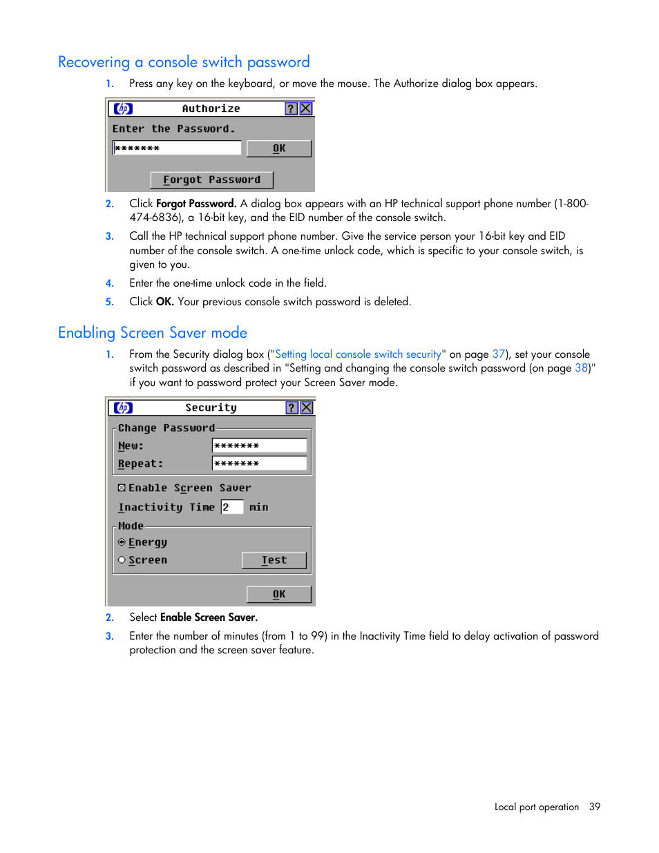 Recovering a console switch password, Enabling screen saver mode | HP 409054-003 User Manual | Page 39 / 105