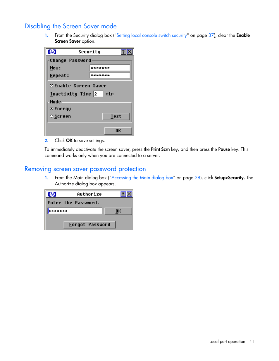 Disabling the screen saver mode, Removing screen saver password protection | HP 409054-003 User Manual | Page 41 / 105