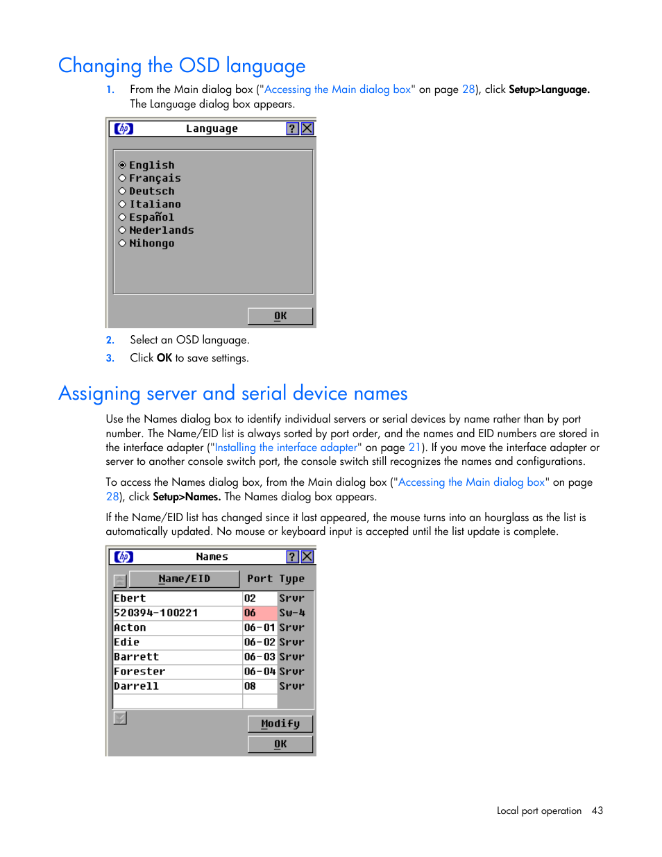 Changing the osd language, Assigning server and serial device names | HP 409054-003 User Manual | Page 43 / 105