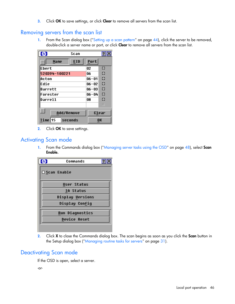 Removing servers from the scan list, Activating scan mode, Deactivating scan mode | An mode | HP 409054-003 User Manual | Page 46 / 105