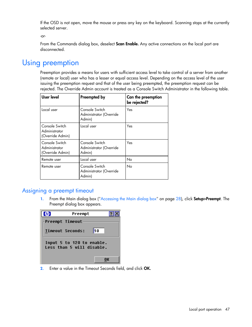 Using preemption, Assigning a preempt timeout | HP 409054-003 User Manual | Page 47 / 105