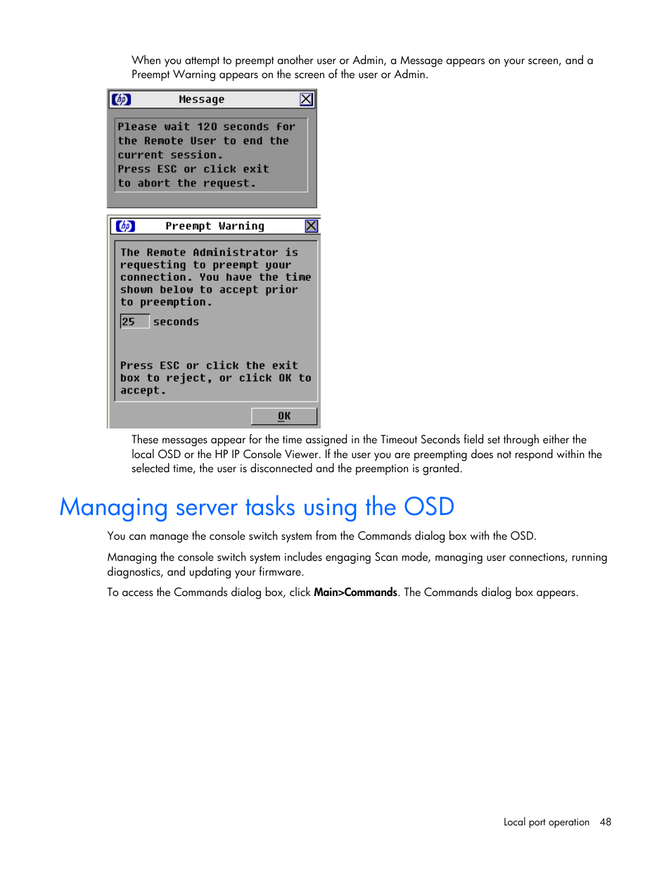 Managing server tasks using the osd, S dialog box, From the commands dialog box | HP 409054-003 User Manual | Page 48 / 105