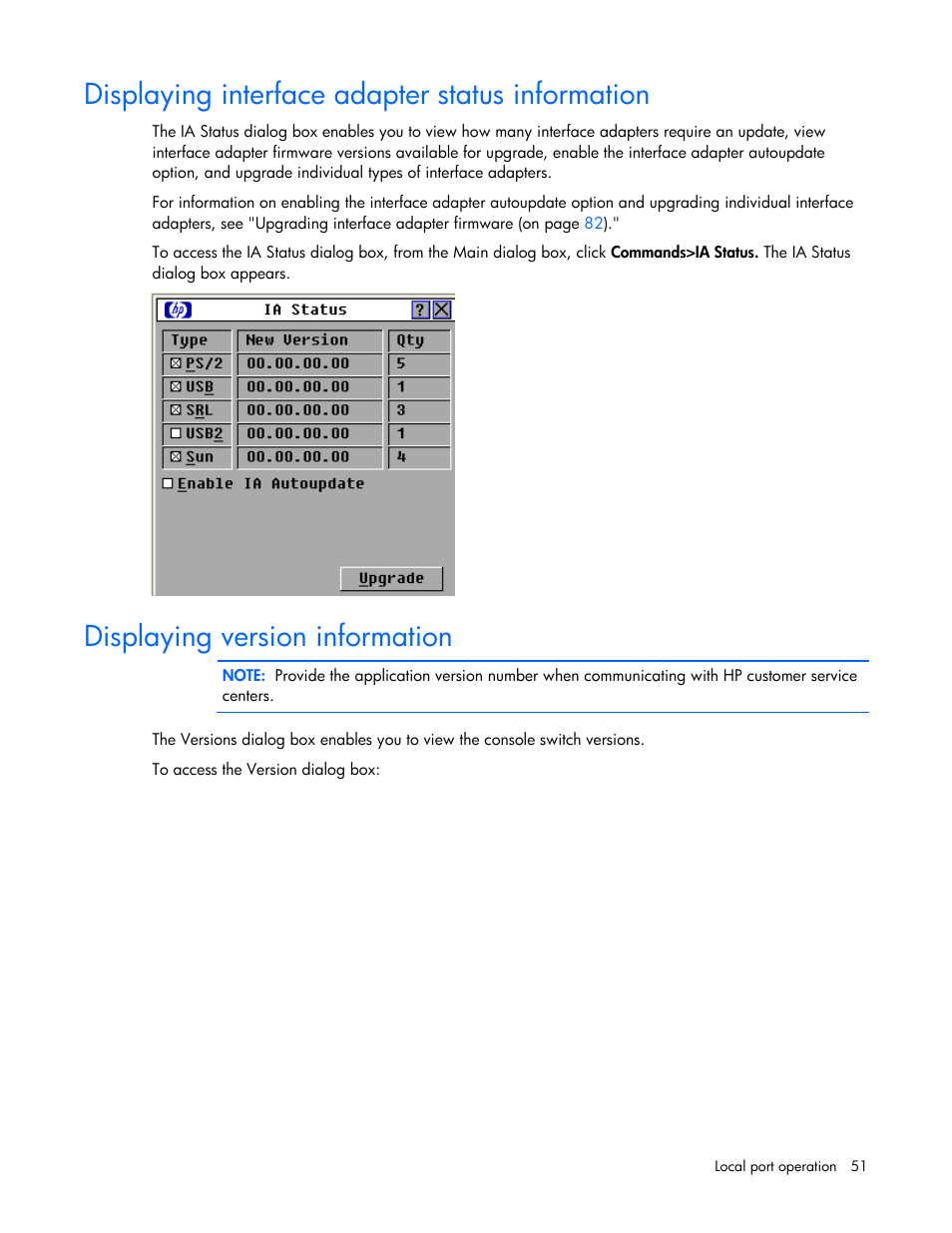 Displaying interface adapter status information, Displaying version information | HP 409054-003 User Manual | Page 51 / 105