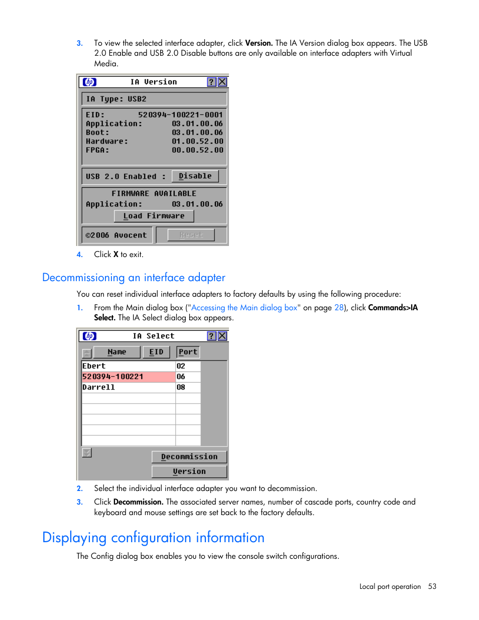 Decommissioning an interface adapter, Displaying configuration information | HP 409054-003 User Manual | Page 53 / 105