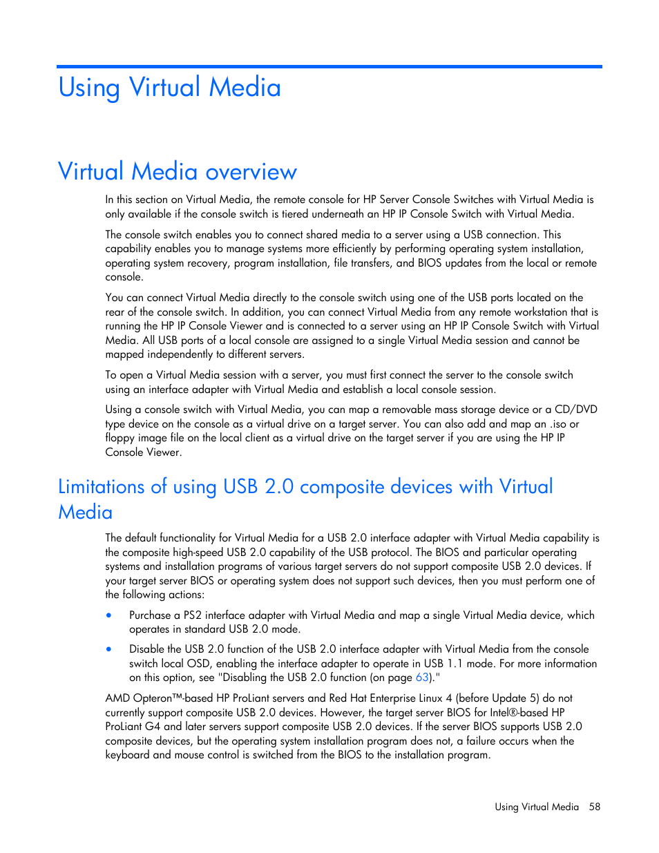 Using virtual media, Virtual media overview | HP 409054-003 User Manual | Page 58 / 105