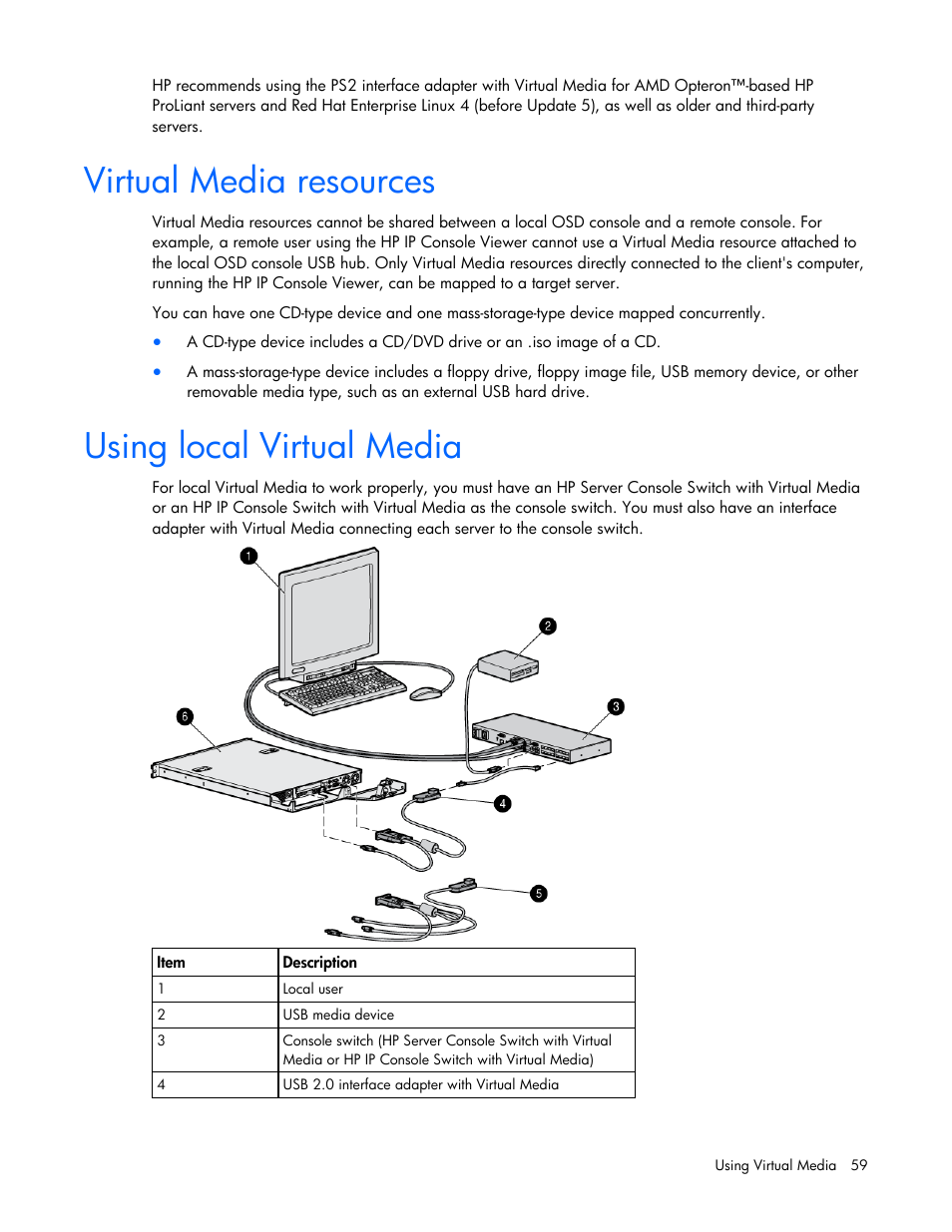 Virtual media resources, Using local virtual media | HP 409054-003 User Manual | Page 59 / 105