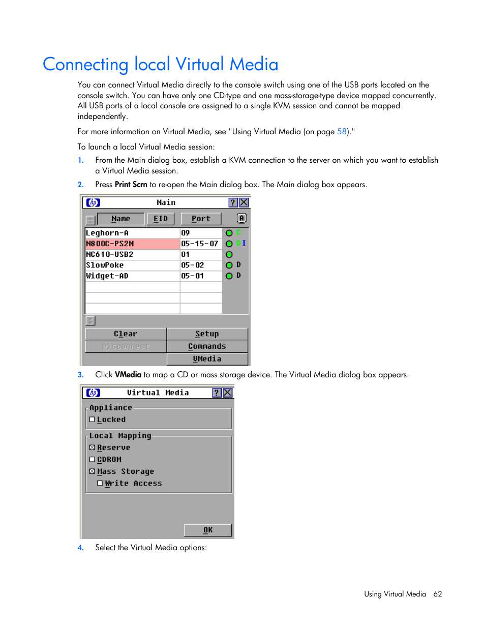 Connecting local virtual media | HP 409054-003 User Manual | Page 62 / 105