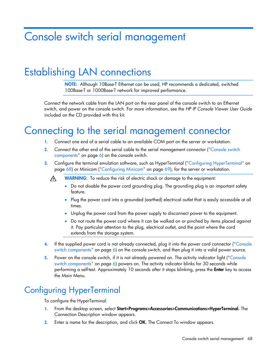 Console switch serial management, Establishing lan connections, Connecting to the serial management connector | Configuring hyperterminal | HP 409054-003 User Manual | Page 68 / 105