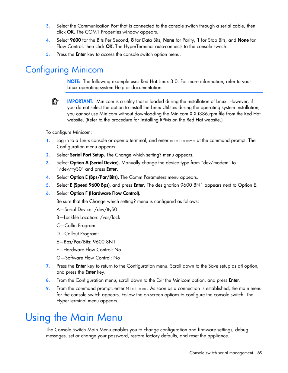 Configuring minicom, Using the main menu, Minicom | For the | HP 409054-003 User Manual | Page 69 / 105