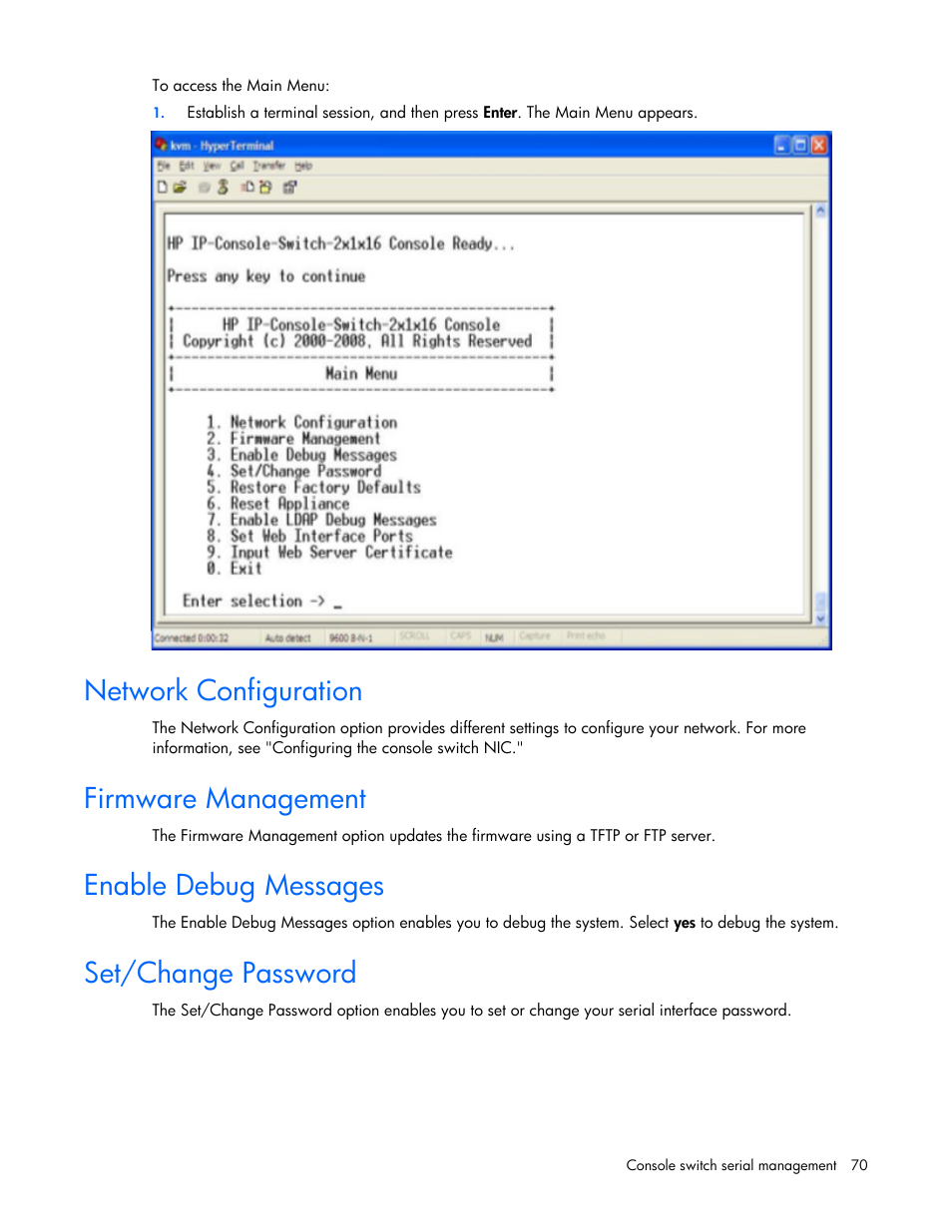 Network configuration, Firmware management, Enable debug messages | Set/change password | HP 409054-003 User Manual | Page 70 / 105