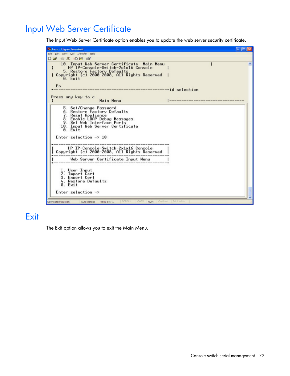 Input web server certificate, Exit | HP 409054-003 User Manual | Page 72 / 105